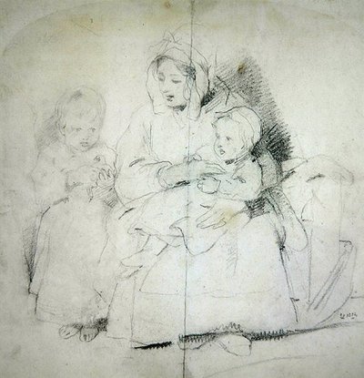 Äiti ja kaksi lasta (kynä paperille) tekijältä Edwin Landseer