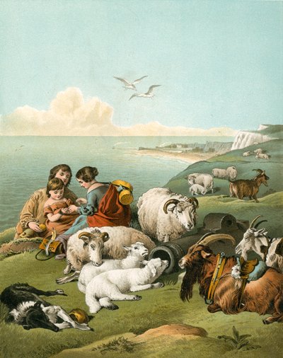 Lapset leikkivät lampaiden ja vuohien kanssa valkoisilla kallioilla tekijältä Edwin Landseer