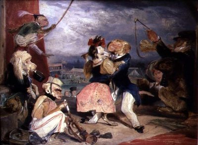 West End Fair: Apinat ja koirat esiintymässä lavalla (öljy paneelille). tekijältä Edwin Landseer