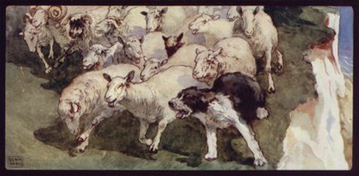 Bobtailed-lammaskoira ja lauma kallioilla (väri litho) tekijältä Edwin Noble