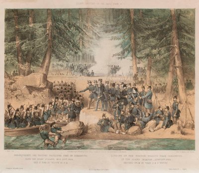 Ranskan joukkojen maihinnousu lähellä Bomarsundia Ahvenanmaalla, 8. elokuuta 1854 (litografia, sävytetty) tekijältä Edwin Thomas (after) Dolby