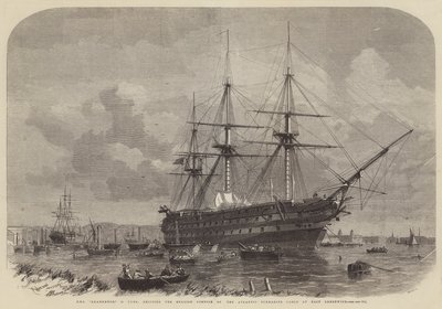 HMS Agamemnon, 91 Guns, toimittaa englantilaisen Atlantin sukellusvenekaapelin osan East Greenwichissä tekijältä Edwin Weedon
