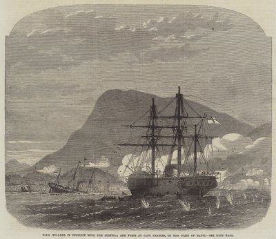 HMS Bulldog ristiriidassa laivueen ja linnoitusten kanssa Cape Haytienissa Haytin rannikolla tekijältä Edwin Weedon