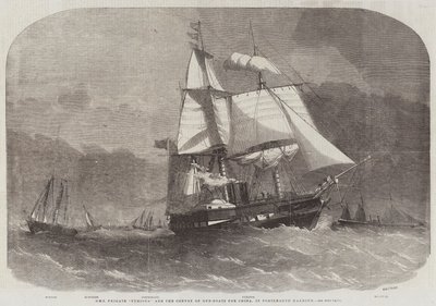 HMS Fregatti Furious ja Kiinaan matkalla oleva tykkivenesaattue Portsmouthin satamassa. tekijältä Edwin Weedon
