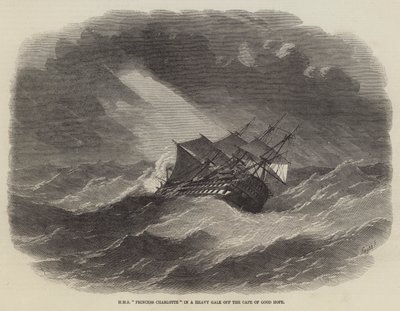 HMS Princess Charlotte kovassa myrskyssä Hyvän toivon niemellä. tekijältä Edwin Weedon
