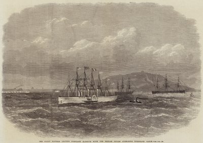 Great Eastern lähtee Portlandin satamasta brittiläisen Intian sukellusveneen lennätinkaapelilla tekijältä Edwin Weedon