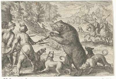 Maisema karhunmetsästyksellä Metsästyskohtaukset (sarjan nimi) Icones Venantum Species Varias Representantes (sarjan nimi) tekijältä Egbert Jansz.