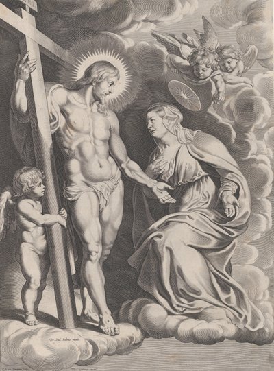 Neitsyen esirukous, polvistumassa pilven päällä aivan Kristuksen edessä, seisomassa..., n. 1610-37. tekijältä Egbert van Panderen