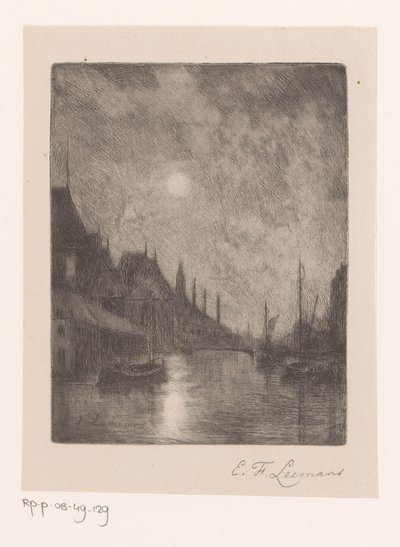 Jokinäkymä kaupungissa yöllä tekijältä Egide François Leemans (signed by artist)
