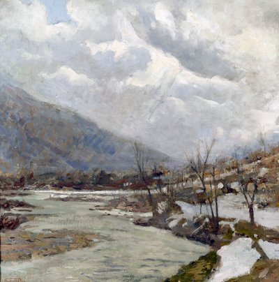 Auringonsäde, maalaus Egidio Riva (1866-1946), öljy kankaalle, 74x74 cm, Italia, 1900-luku tekijältä Egidio Riva