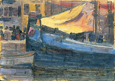 Ankkuroituja veneitä talon seinällä taustalla, 1908 tekijältä Egon Schiele