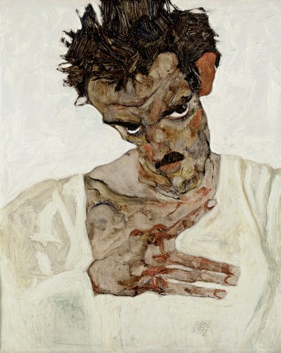 Omakuva, jossa pää alas. Egon Schielen (1890-1918) maalaus, öljy puulle tekijältä Egon Schiele