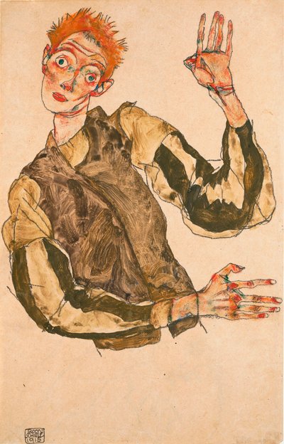 Omakuva raidallisilla hihoilla - Egon Schielen (1890-1918) työ, guassi paperille tekijältä Egon Schiele