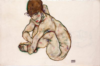 Hiipivä alaston tyttö - Schiele, Egon (1890-1918) - 1914 - musta liitu, guassi paperille - 31,5x48,2 - Leopold-museo, Wien tekijältä Egon Schiele
