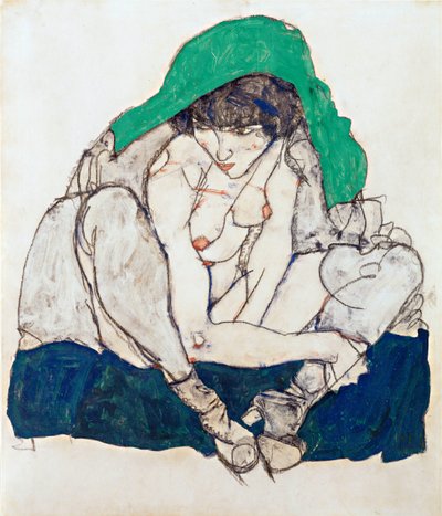 Hiipivä nainen vihreällä huivilla - Schiele, Egon (1890-1918) - 1914 - Musta liitu, guassi paperille - 47x31 - Leopold-museo, Wien tekijältä Egon Schiele