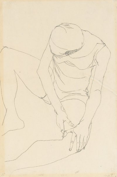Nainen alaston kumartunut eteenpäin, molemmat kädet vasemmalla reidellä, 1913 tekijältä Egon Schiele