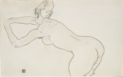 Nainen alaston polvistumassa ja kumartumassa eteenpäin vasemmalle, 1918 tekijältä Egon Schiele