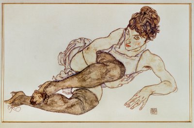 Nainen ruskeissa sukissa - Woman ... (guassi ja musta väriliitu) tekijältä Egon Schiele