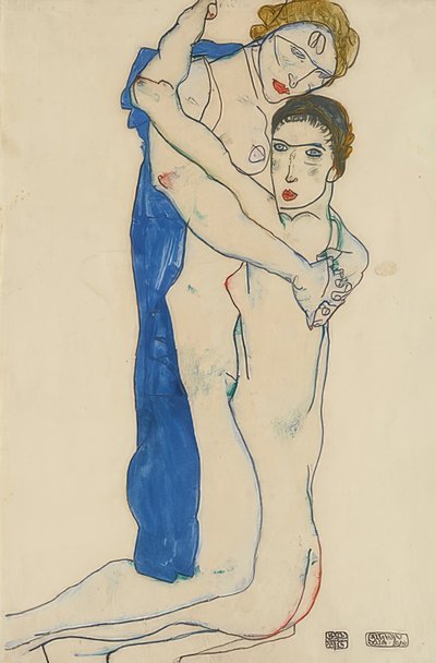 Tyttöystävä, pinkki-sininen. 1913 tekijältä Egon Schiele