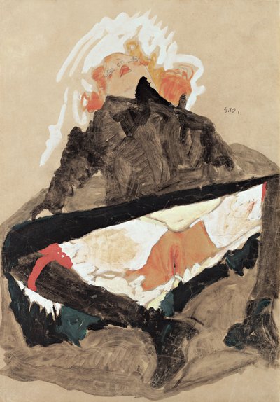 Tyttö mustassa mekossa jalat levitettyinä, 1910 tekijältä Egon Schiele