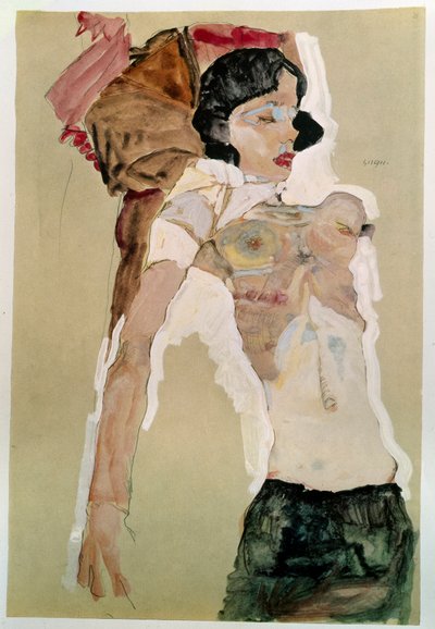 Puolialaston nainen. Piirustus Egon Schiele (1890-1918), 1911 Lyijykynä ja akvarelli paperille. Mitat: 45,9 x 31,1 cm. Wien, Graphische Sammlung Albertina tekijältä Egon Schiele