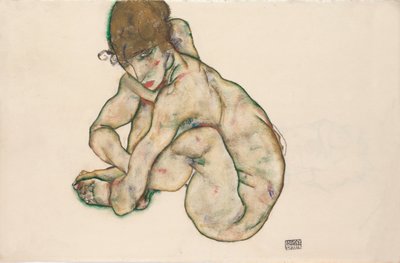 Kyykyssä oleva tyttöalastonkuva tekijältä Egon Schiele