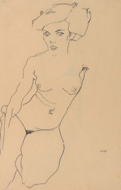 Polvistuva nainen tekijältä Egon Schiele