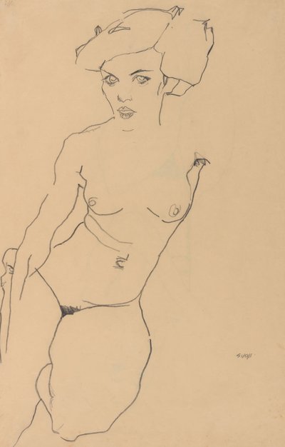 Polvistuva naisaktimalli tekijältä Egon Schiele