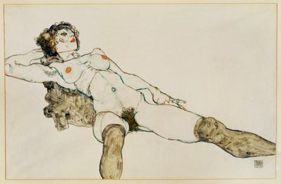 Makaava naisakt, jalat levällään ... (guassi ja lyijykynä) tekijältä Egon Schiele
