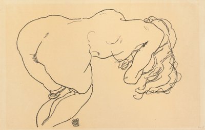 Pitkäkarvainen Nude, Eteenpäin nojaava, Takanäkymä; Langhaariger Akt, vornubergebeugt, Ruckenansicht, 1918 tekijältä Egon Schiele