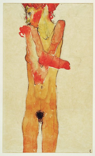 Maedchenakt mit verschraenkten Armen (alaston tyttö ja ... (akvarelli ja hiili)) tekijältä Egon Schiele