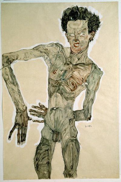 Miesalaston (omakuva). Egon Schielen (1890-1918) piirustus, 1910. Lyijykynä, vesiväri ja tempera paperille. Koko: 55,7x36,8cm. Wien, Graphische Sammlung Albertina tekijältä Egon Schiele