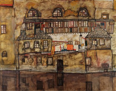Talojen seinä joella - Egon Schielen (1890-1918) maalaus, öljy kankaalle tekijältä Egon Schiele