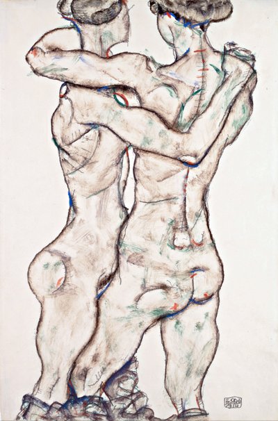 Alastomia tyttöjä syleilemässä - Schiele, Egon (1890-1918) - 1914 - musta liitu, guassi paperille - 48x31,2 - Leopold-museo, Wien tekijältä Egon Schiele