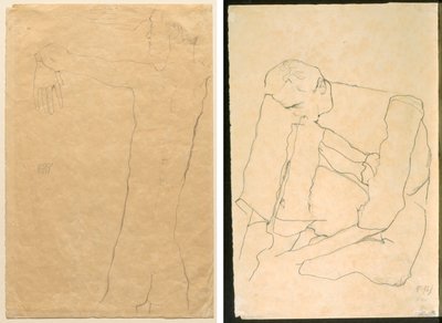 Alaston mies kädet ylös (recto) Istuva mies (käänteinen) tekijältä Egon Schiele