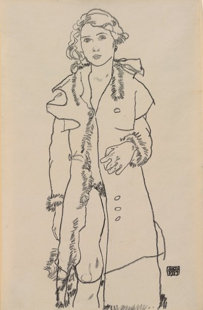 Nude ja turkisleikattu takki; Alaston tyttö turkisreunuksella, 1917 tekijältä Egon Schiele