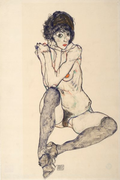 Istuva alaston nainen, kyynärpäät oikealla polvella, 1914. tekijältä Egon Schiele