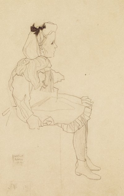 Istuva tyttö rusetti hiuksissaan, 1909 tekijältä Egon Schiele