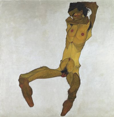 Istuva miesalastonkuva (omakuva) - Schiele, Egon (1890-1918) - 1910 - Öljy kankaalle - 152,5x150 - Leopold-museo, Wien tekijältä Egon Schiele