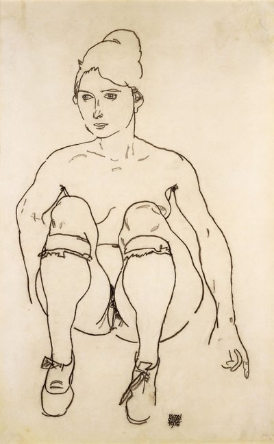 Istuva alasti kenkien ja sukkien kanssa; Istuva alaston kengät ja sukat, 1918 tekijältä Egon Schiele