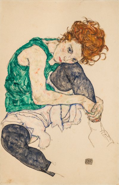 Istuva nainen koukussa polvilla, 1917 tekijältä Egon Schiele