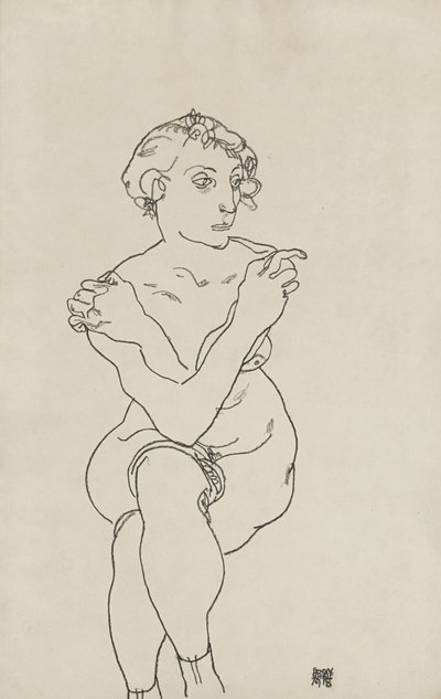 Istuva nainen, alaston, kädet ja jalat ristissä, 1918 tekijältä Egon Schiele