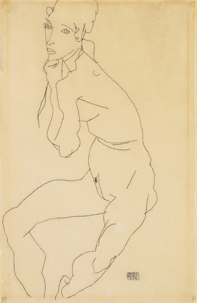 Istuva nainen, käsi leuassa, 1914 tekijältä Egon Schiele