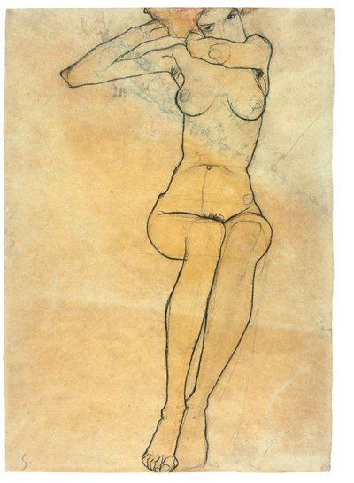 Istuva alaston, 1910 tekijältä Egon Schiele