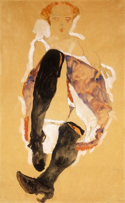 Istuva nainen mustat sukat; Istuva tyttö mustissa sukkahousuissa, 1911 tekijältä Egon Schiele