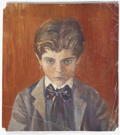 Omakuva punaista taustaa vasten tekijältä Egon Schiele
