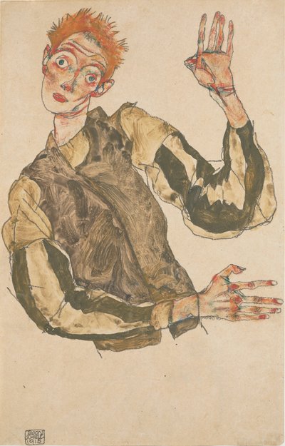 Omakuva raidallisilla hihansuojuksilla tekijältä Egon Schiele