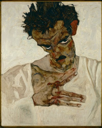 Egon Schiele, Egon Schiele, omakuva taivutetun pään kanssa (öljy puulle). tekijältä Egon Schiele