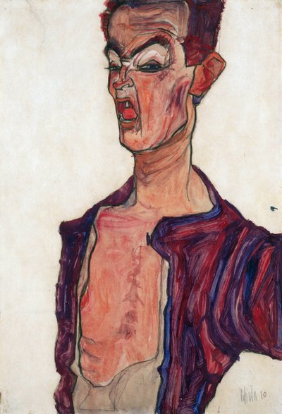 Omakuva, Irvistys - Schiele, Egon (1890-1918) - 1910 - Guassi paperille - 45,3x30,7 - Leopold-museo, Wien tekijältä Egon Schiele