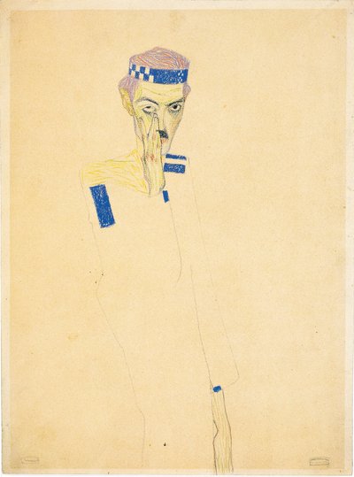 Omakuva sinisellä ruudullisella otsapantalla, 1909. tekijältä Egon Schiele